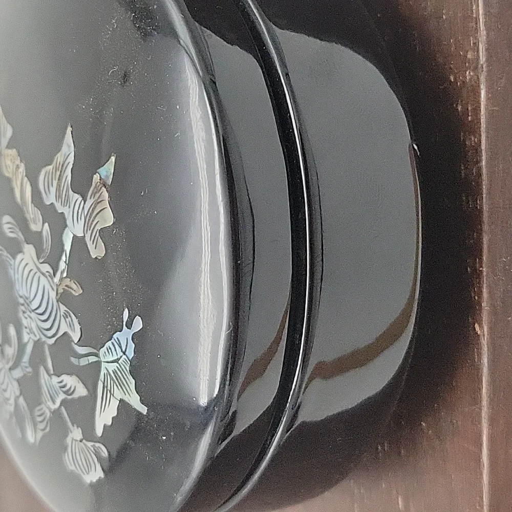 Vtg Black Lacquer Box Lid Mother of Pearl Inlaid Bird Butterfly Trinket Jewelry